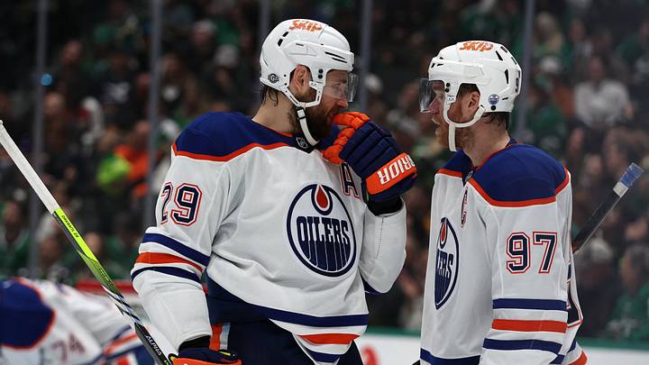 Oct 19, 2024; Dallas, Texas, USA; Edmonton Oilers center Leon Draisaitl (29) talks to center Connor McDavid (97) in the second period against the Dallas Stars at American Airlines Center. Mandatory Credit: Tim Heitman-Imagn Images Oct 19, 2024; Dallas, Texas, USA; Edmonton Oilers center Leon Draisaitl (29) talks to center Connor McDavid (97) in the second period against the Dallas Stars at American Airlines Center. Mandatory Credit: Tim Heitman-Imagn Images