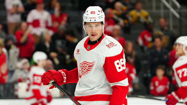 Nov 4, 2025; Las Vegas, Nevada, USA; Detroit Red Wings left wing Elmer Soderblom (85) warms up before a game against the Vegas Golden Knights at T-Mobile Arena. Mandatory Credit: Stephen R. Sylvanie-Imagn Images
