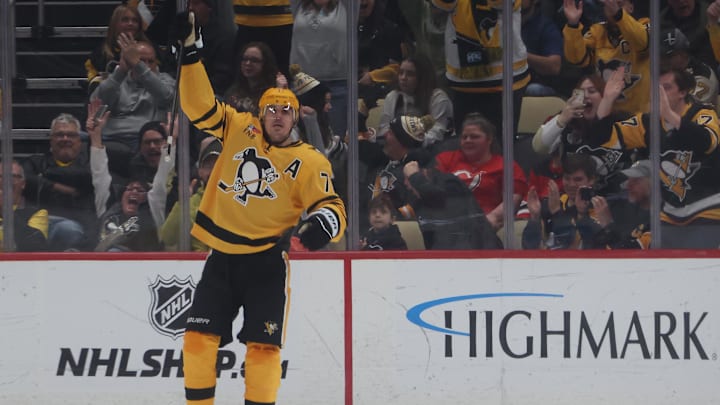 Jan 8, 2026; Pittsburgh, Pennsylvania, USA;  Pittsburgh Penguins center Evgeni Malkin (71) reacts after scoring a power play goal against the New Jersey Devils during the second period at PPG Paints Arena. Mandatory Credit: Charles LeClaire-Imagn Images
