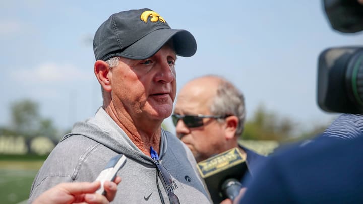 Iowa Football’s Defensive Coordinator Phil Parker answers media questions Tuesday, Aug. 20, 2024 in Iowa City, Iowa.