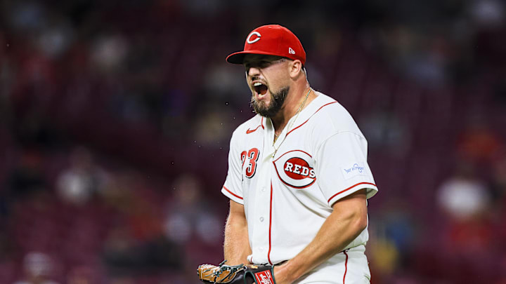 Mar 30, 2026; Cincinnati, Ohio, USA; Cincinnati Reds relief pitcher Graham Ashcraft (23) reacts after a play in the eighth inning against the Pittsburgh Pirates at Great American Ball Park. Mandatory Credit: Katie Stratman-Imagn Images