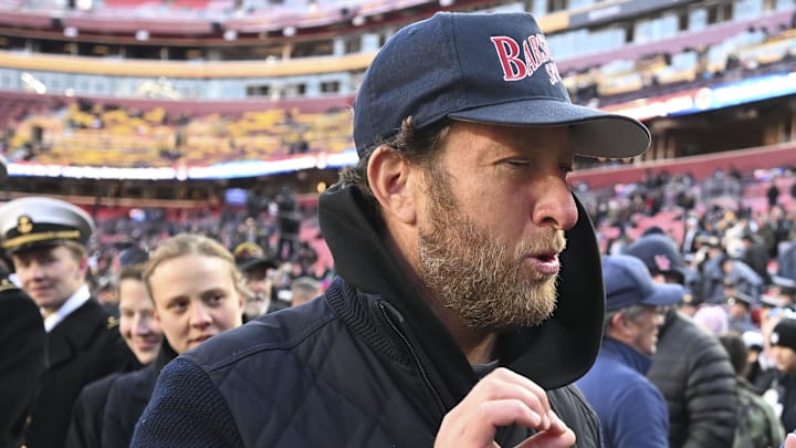 Dec 14, 2024; Landover, Maryland, USA;  Dave Portnoy stand son the sidelines before the game between the Army Black Knights and the Navy Midshipmen  at Commanders Field. Mandatory Credit: Tommy Gilligan-Imagn Images