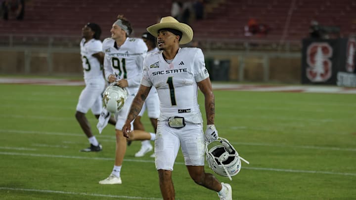 Sep 16, 2023; Stanford, California, USA; Sacramento State Hornets quarterback Kaiden Bennett (1) celebrates after the game against the Stanford Cardinal at Stanford Stadium. Mandatory Credit: Sergio Estrada-Imagn Images Sep 16, 2023; Stanford, California, USA; Sacramento State Hornets quarterback Kaiden Bennett (1) celebrates after the game against the Stanford Cardinal at Stanford Stadium. Mandatory Credit: Sergio Estrada-Imagn Images