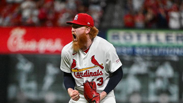 Jun 15, 2026; St. Louis, Missouri, USA; St. Louis Cardinals starting pitcher Dustin May (3) reacts after throwing a complete game one hitter against the San Diego Padres at Busch Stadium. Mandatory Credit: Jeff Curry-Imagn Images