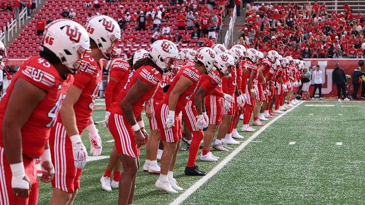 The Utah Utes warm up before the game against the Texas Tech Red Raiders at Rice-Eccles Stadium. The Utah Utes warm up before the game against the Texas Tech Red Raiders at Rice-Eccles Stadium.