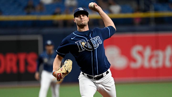 St. Petersburg, Florida, USA; Tampa Bay Rays pitcher Shane McClanahan (18) throws a pitch in the first inning against the Houston Astros at Tropicana Field. St. Petersburg, Florida, USA; Tampa Bay Rays pitcher Shane McClanahan (18) throws a pitch in the first inning against the Houston Astros at Tropicana Field.