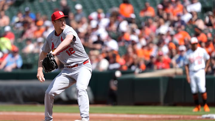 May 26, 2025; Baltimore, Maryland, USA; St. Louis Cardinals pitcher Erick Fedde (12) delivers a pitch against the Baltimore Orioles during the first inning at Oriole Park at Camden Yards. Mandatory Credit: Gregory Fisher-Imagn Images
