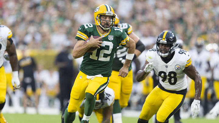Former Green Bay Packers quarterback Aaron Rodgers against the Steelers in 2018.