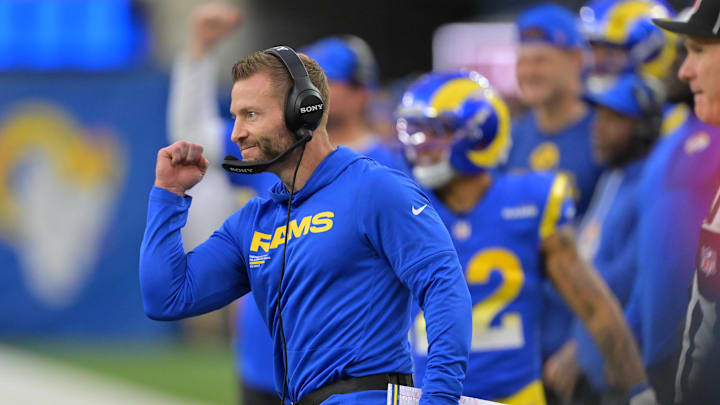 Jan 4, 2026; Inglewood, California, USA;  Los Angeles Rams head coach Sean McVay reacts after a touchdown against the Arizona Cardinals during the second half at SoFi Stadium. Mandatory Credit: Jayne Kamin-Oncea-Imagn Images