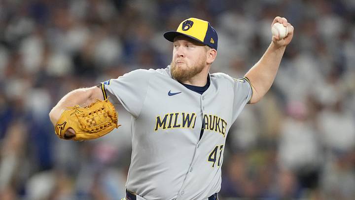 Oct 17, 2025; Los Angeles, California, USA; Milwaukee Brewers pitcher Jared Koenig (47) pitches against the Los Angeles Dodgers in the eighth inning during game four of the NLCS round for the 2025 MLB playoffs at Dodger Stadium. Mandatory Credit: Kirby Lee-Imagn Images Oct 17, 2025; Los Angeles, California, USA; Milwaukee Brewers pitcher Jared Koenig (47) pitches against the Los Angeles Dodgers in the eighth inning during game four of the NLCS round for the 2025 MLB playoffs at Dodger Stadium. Mandatory Credit: Kirby Lee-Imagn Images