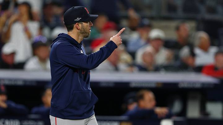 Sep 30, 2026; Bronx, New York, USA;  Boston Red Sox manager Chad Tracy reacts in the sixth inning against the New York Yankees during game two of the Wildcard round for the 2026 MLB Playoffs at Yankee Stadium.  Mandatory Credit: Vincent Carchietta-Imagn Images