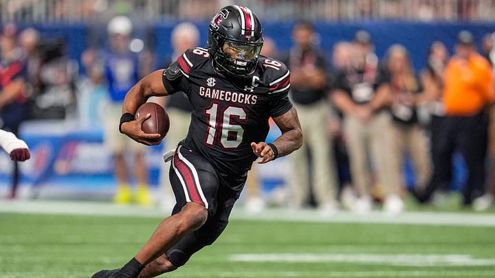 Aug 31, 2025; Atlanta, Georgia, USA; South Carolina Gamecocks quarterback LaNorris Sellers (16) runs against the Virginia Tech Hokies during the first half at Mercedes-Benz Stadium. Mandatory Credit: Dale Zanine-Imagn Images