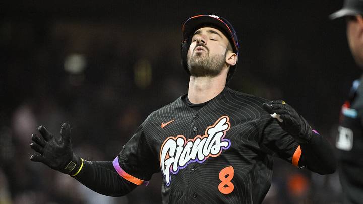 San Francisco, California, USA; San Francisco Giants first baseman Bryce Eldridge (8) celebrates after hitting a home run during the fifth inning of the game against the Houston Astros at Oracle Park. Mandatory Credit: Ed Szczepanski-Imagn Images
