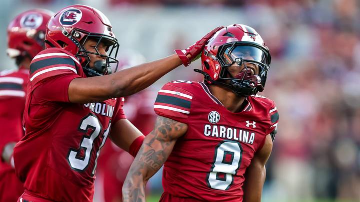 Nov 22, 2025; Columbia, South Carolina, USA; South Carolina Gamecocks defensive back Judge Collier (8) and defensive back Peyton Williams (31) celebrate a play against the Coastal Carolina Chanticleers in the first quarter at Williams-Brice Stadium. Mandatory Credit: Jeff Blake-Imagn Images Nov 22, 2025; Columbia, South Carolina, USA; South Carolina Gamecocks defensive back Judge Collier (8) and defensive back Peyton Williams (31) celebrate a play against the Coastal Carolina Chanticleers in the first quarter at Williams-Brice Stadium. Mandatory Credit: Jeff Blake-Imagn Images