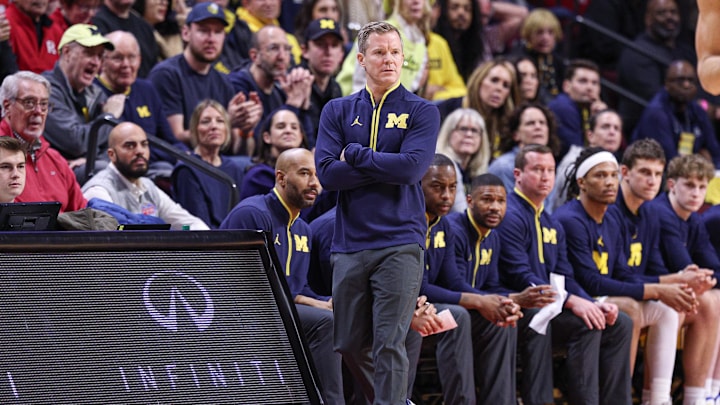Feb 1, 2025; Piscataway, New Jersey, USA; Michigan Wolverines head coach Dusty May looks on during the first half against the Rutgers Scarlet Knights at Jersey Mike's Arena. Mandatory Credit: Vincent Carchietta-Imagn Images