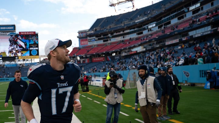 Tennessee Titans quarterback Ryan Tannehill (17) heads off the field after beating the Jacksonville