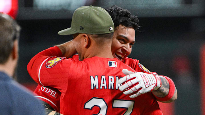 May 15, 2026; St. Louis, Missouri, USA; St. Louis Cardinals pinch hitter Yohel Pozo (63) celebrates with manager Oliver Marmol (37) after hitting a wall-off one run single against the Kansas City Royals during the eleventh inning at Busch Stadium. Mandatory Credit: Jeff Curry-Imagn Images