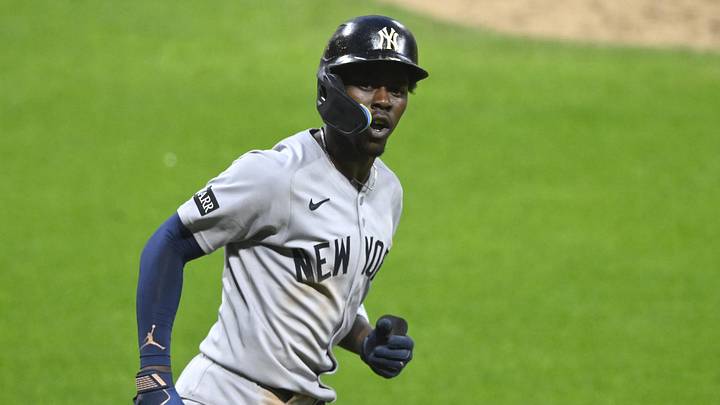 Jun 9, 2026; Cleveland, Ohio, USA; New York Yankees second baseman Jazz Chisholm Jr. (13) reacts after hitting a solo home run in the eighth inning against the Cleveland Guardians at Progressive Field. Mandatory Credit: David Richard-Imagn Images