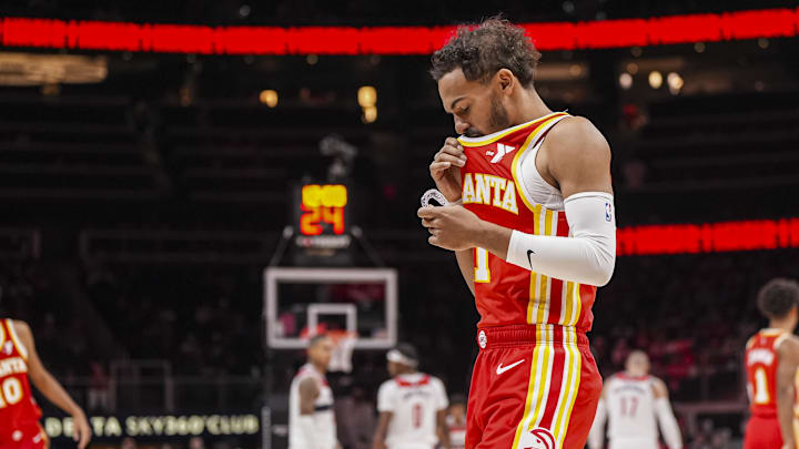 Oct 28, 2024; Atlanta, Georgia, USA; Atlanta Hawks guard Trae Young (11) shown on the court before the start of the game against the Washington Wizards at State Farm Arena. Mandatory Credit: Dale Zanine-Imagn Images