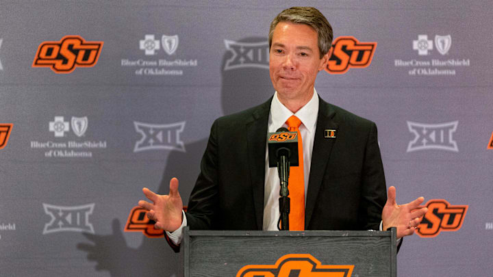 Oklahoma State University athletic director Chad Weiberg speaks during a press conference where his was officially introduce as the new OSU athletic director at Gallagher-Iba Arena in Stillwater, Okla. on Thursday, July 1, 2021.