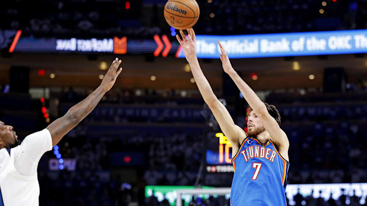 May 28, 2025; Oklahoma City, Oklahoma, USA; Oklahoma City Thunder forward Chet Holmgren (7) shoots the ball during the third quarter against the Minnesota Timberwolves in game five of the western conference finals for the 2025 NBA Playoffs at Paycom Center. May 28, 2025; Oklahoma City, Oklahoma, USA; Oklahoma City Thunder forward Chet Holmgren (7) shoots the ball during the third quarter against the Minnesota Timberwolves in game five of the western conference finals for the 2025 NBA Playoffs at Paycom Center.
