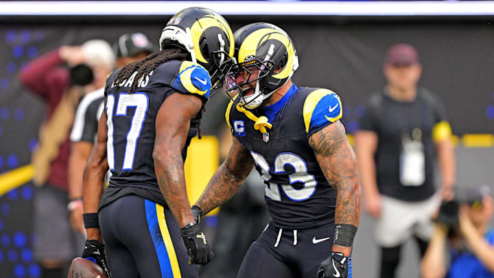Nov 16, 2025; Inglewood, California, USA; Los Angeles Rams wide receiver Davante Adams (17) celebrates with running back Kyren Williams (23) after scoring a touchdown during the first half against the Seattle Seahawks at SoFi Stadium. Mandatory Credit: Jayne Kamin-Oncea-Imagn Images