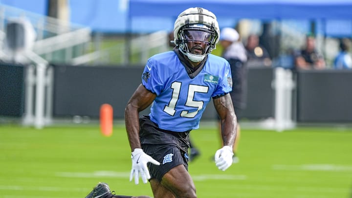 Jul 24, 2024; Charlotte, NC, USA; Carolina Panthers wide receiver Jonathan Mingo (15) runs a pass route at Carolina Panthers Practice Fields. Mandatory Credit: Jim Dedmon-Imagn Images