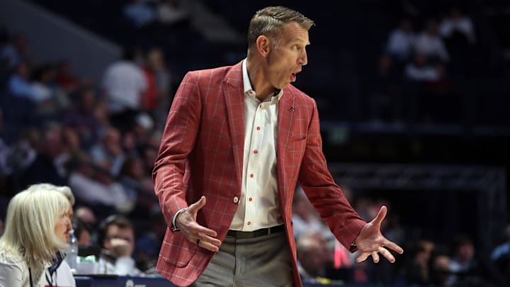 Feb 11, 2026; Oxford, Mississippi, USA; Alabama Crimson Tide head coach Nate Oats reacts during the first half against the Mississippi Rebels at The Sandy and John Black Pavilion at Ole Miss. Mandatory Credit: Petre Thomas-Imagn Images