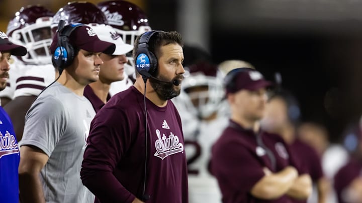 Sep 7, 2024; Tempe, Arizona, USA; Mississippi State Bulldogs defensive coordinator Coleman Hutzler against the Arizona State Sun Devils at Mountain America Stadium. Mandatory Credit: Mark J. Rebilas-Imagn Images
