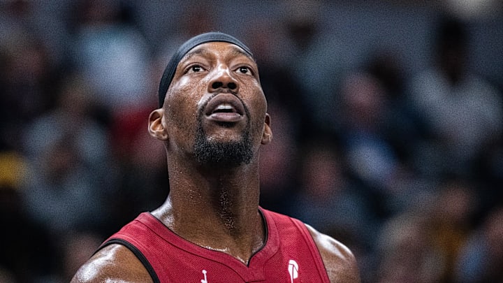 Nov 17, 2024; Indianapolis, Indiana, USA; Miami Heat center Bam Adebayo (13) in the second half against the Indiana Pacers at Gainbridge Fieldhouse. Mandatory Credit: Trevor Ruszkowski-Imagn Images