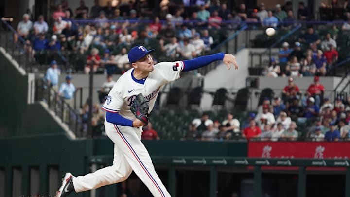 Texas Rangers starting pitcher Patrick Corbin (46) throws to the plate during the first inning against the Los Angeles Angels at Globe Life Field. Mandatory Credit: Raymond Carlin III-Imagn Images