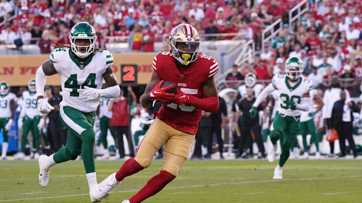 Sep 9, 2024; Santa Clara, California, USA; San Francisco 49ers wide receiver Jauan Jennings (15) advances upfield after a catch in the second quarter against the New York Jets at Levi's Stadium. Mandatory Credit: David Gonzales-Imagn Images