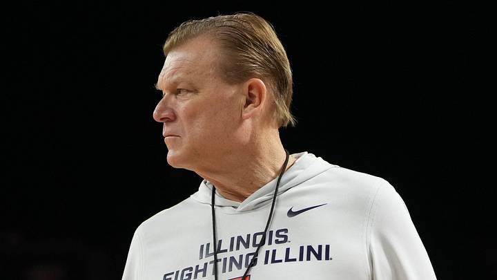 Apr 3, 2026; Indianapolis, IN, USA; Illinois Fighting Illini head coach Brad Underwood looks on during a practice session ahead of the Final Four of the men's 2026 NCAA Tournament at Lucas Oil Stadium. Mandatory Credit: Bob Donnan-Imagn Images Apr 3, 2026; Indianapolis, IN, USA; Illinois Fighting Illini head coach Brad Underwood looks on during a practice session ahead of the Final Four of the men's 2026 NCAA Tournament at Lucas Oil Stadium. Mandatory Credit: Bob Donnan-Imagn Images