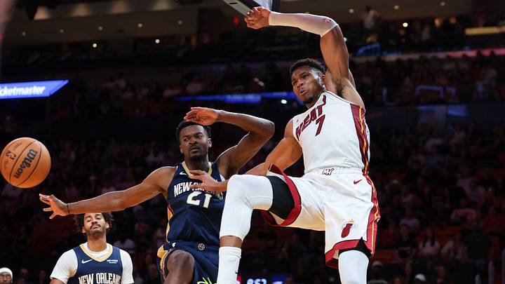 Oct 8, 2026; Miami, Florida, USA; Miami Heat forward Giannis Antetokounmpo (7) dunks against New Orleans Pelicans center Yves Missi (21) during the second quarter at Kaseya Center. Mandatory Credit: Sam Navarro-Imagn Images Oct 8, 2026; Miami, Florida, USA; Miami Heat forward Giannis Antetokounmpo (7) dunks against New Orleans Pelicans center Yves Missi (21) during the second quarter at Kaseya Center. Mandatory Credit: Sam Navarro-Imagn Images