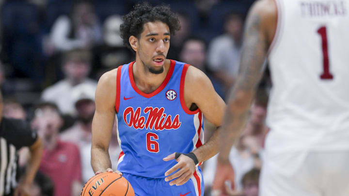 Mar 14, 2026; Nashville, TN, USA; Mississippi Rebels guard Ilias Kamardine (6) brings the ball up court against the Arkansas Razorbacks during the second half at Bridgestone Arena. Mandatory Credit: Steve Roberts-Imagn Images Mar 14, 2026; Nashville, TN, USA; Mississippi Rebels guard Ilias Kamardine (6) brings the ball up court against the Arkansas Razorbacks during the second half at Bridgestone Arena. Mandatory Credit: Steve Roberts-Imagn Images