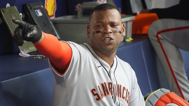 Jul 18, 2025; Toronto, Ontario, CAN; San Francisco Giants designated hitter Rafael Devers (16) in the dug out before the game against the Toronto Blue Jays at Rogers Centre. Mandatory Credit: John E. Sokolowski-Imagn Images