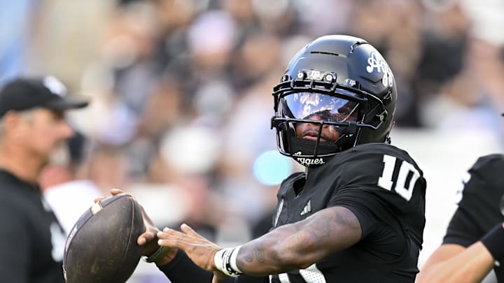 Oct 4, 2025; College Station, Texas, USA; Texas A&M Aggies quarterback Marcel Reed (10) warms up prior to the game against the Mississippi State Bulldogs at Kyle Field. Mandatory Credit: Maria Lysaker-Imagn Images 