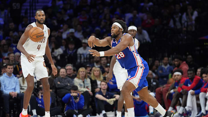 Nov 13, 2024; Philadelphia, Pennsylvania, USA; Philadelphia 76ers forward Guerschon Yabusele (28) passes the ball against the Cleveland Cavaliers in the third quarter at Wells Fargo Center. Mandatory Credit: Kyle Ross-Imagn Images