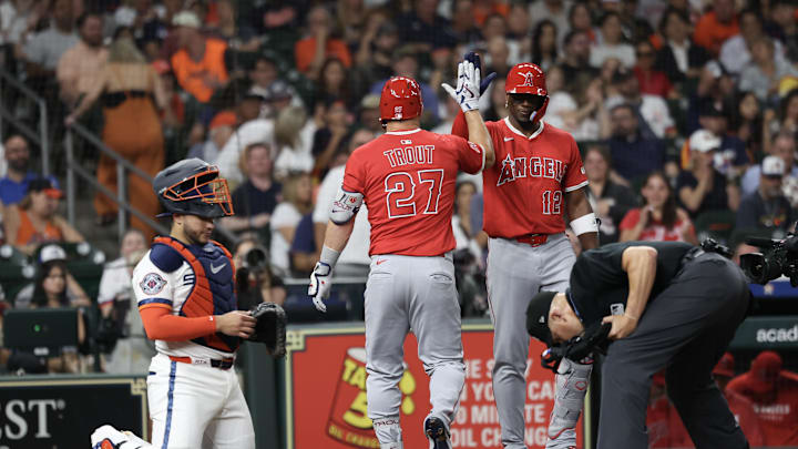 Apr 11, 2025; Houston, Texas, USA; Los Angeles Angels designated hitter Jorge Soler (12) celebrates right fielder Mike Trout (27) home run against the Houston Astros in the second inning at Daikin Park. Mandatory Credit: Thomas Shea-Imagn Images Apr 11, 2025; Houston, Texas, USA; Los Angeles Angels designated hitter Jorge Soler (12) celebrates right fielder Mike Trout (27) home run against the Houston Astros in the second inning at Daikin Park. Mandatory Credit: Thomas Shea-Imagn Images