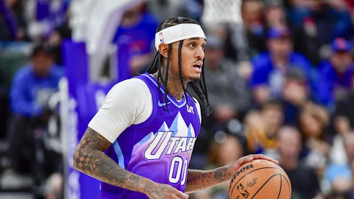 Nov 23, 2024; Salt Lake City, Utah, USA; Utah Jazz guard Jordan Clarkson (00) dribbles the ball downcourt against the New York Knicks during the second half at the Delta Center. Mandatory Credit: Christopher Creveling-Imagn Images