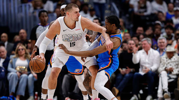 May 15, 2025; Denver, Colorado, USA; Denver Nuggets center Nikola Jokic (15) controls the ball as Oklahoma City Thunder forward Jalen Williams (8) guards in the second quarter during game six of the second round for the 2025 NBA Playoffs at Ball Arena. Mandatory Credit: Isaiah J. Downing-Imagn Images May 15, 2025; Denver, Colorado, USA; Denver Nuggets center Nikola Jokic (15) controls the ball as Oklahoma City Thunder forward Jalen Williams (8) guards in the second quarter during game six of the second round for the 2025 NBA Playoffs at Ball Arena. Mandatory Credit: Isaiah J. Downing-Imagn Images