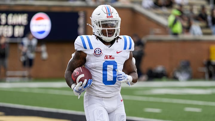 Sep 14, 2024; Winston-Salem, North Carolina, USA;  Mississippi Rebels running back Matt Jones (0) during pregame activity against the Wake Forest Demon Deacons at Allegacy Federal Credit Union Stadium. Mandatory Credit: Jim Dedmon-Imagn Images