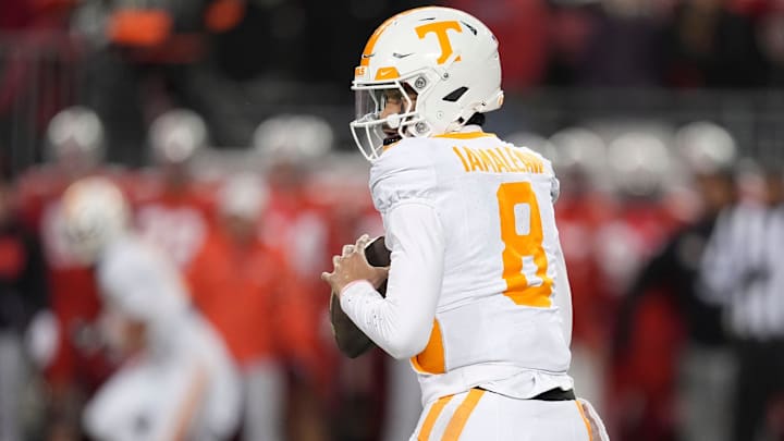 Tennessee quarterback Nico Iamaleava (8) looks for an open receiver during the NCAA college football playoff game against Ohio State on Saturday, Dec. 21, 2024, in Columbus, Ohio.
