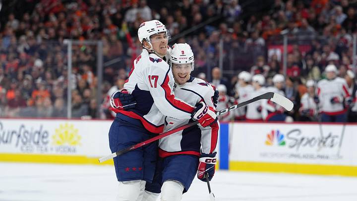 Mar 11, 2026; Philadelphia, Pennsylvania, USA; Washington Capitals right wing Ryan Leonard (9) celebrates with center Dylan Strome (17) after scoring a goal against the Philadelphia Flyers in the first period at Xfinity Mobile Arena. Mandatory Credit: Kyle Ross-Imagn Images Mar 11, 2026; Philadelphia, Pennsylvania, USA; Washington Capitals right wing Ryan Leonard (9) celebrates with center Dylan Strome (17) after scoring a goal against the Philadelphia Flyers in the first period at Xfinity Mobile Arena. Mandatory Credit: Kyle Ross-Imagn Images