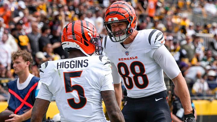 Cincinnati Bengals wide receiver Tee Higgins (5) and tight end Mike Gesicki (88) celebrate a Higgins touchdown reception in the second quarter of the NFL Week 3 game between the Pittsburgh Steelers and the Cincinnati Bengals at Acrisure Stadium in Pittsburgh on Sunday, Sept. 27, 2026. The game was tied at 17 at halftime.