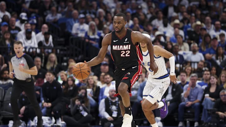 Oct 22, 2025; Orlando, Florida, USA; Miami Heat forward Andrew Wiggins (22) controls the ball against the Orlando Magic in the first quarter at Kia Center. Mandatory Credit: Nathan Ray Seebeck-Imagn Images Oct 22, 2025; Orlando, Florida, USA; Miami Heat forward Andrew Wiggins (22) controls the ball against the Orlando Magic in the first quarter at Kia Center. Mandatory Credit: Nathan Ray Seebeck-Imagn Images