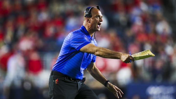 Nov 15, 2025; Oxford, Mississippi, USA; Florida Gators interim head coach Billy Gonzales reacts to a play against the Mississippi Rebels during the second half at Vaught-Hemingway Stadium. Mandatory Credit: Petre Thomas-Imagn Images Nov 15, 2025; Oxford, Mississippi, USA; Florida Gators interim head coach Billy Gonzales reacts to a play against the Mississippi Rebels during the second half at Vaught-Hemingway Stadium. Mandatory Credit: Petre Thomas-Imagn Images