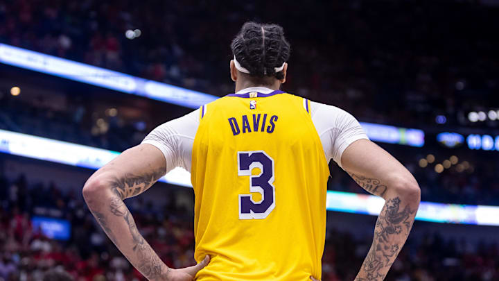 Apr 16, 2024; New Orleans, Louisiana, USA;  Los Angeles Lakers forward Anthony Davis (3) looks on