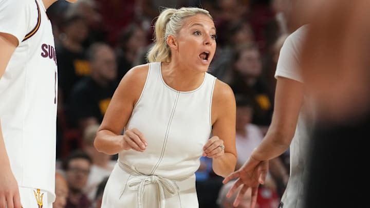 ASU Sun Devils head coach Molly Miller yells out to her team as they play the Coppin State Bald Eagles at Desert Financial Arena on Nov. 3, 2025.