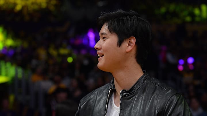 November 29, 2019; Los Angeles, CA, USA; Los Angeles Angels player Shohei Ohtani in attendance as the Los Angeles Lakers play against the Washington Wizards during the first half at Staples Center. Mandatory Credit: Gary A. Vasquez-Imagn Images